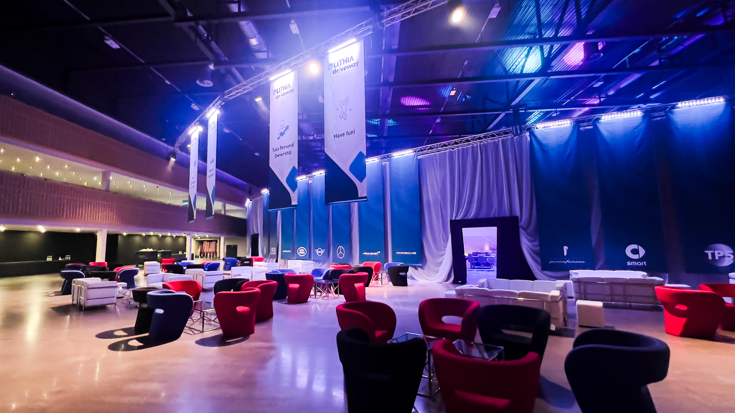 Reception area with banners and seating